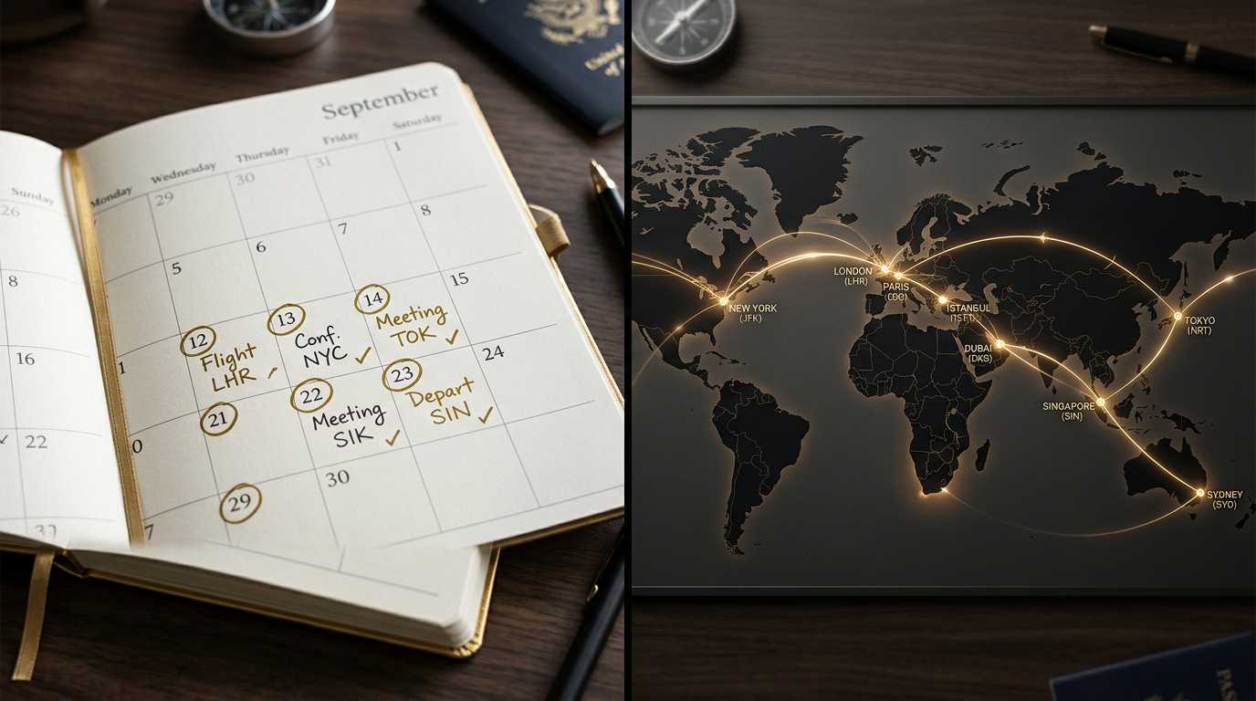 En kalender och en världskarta som symboliserar planering av flygresor.