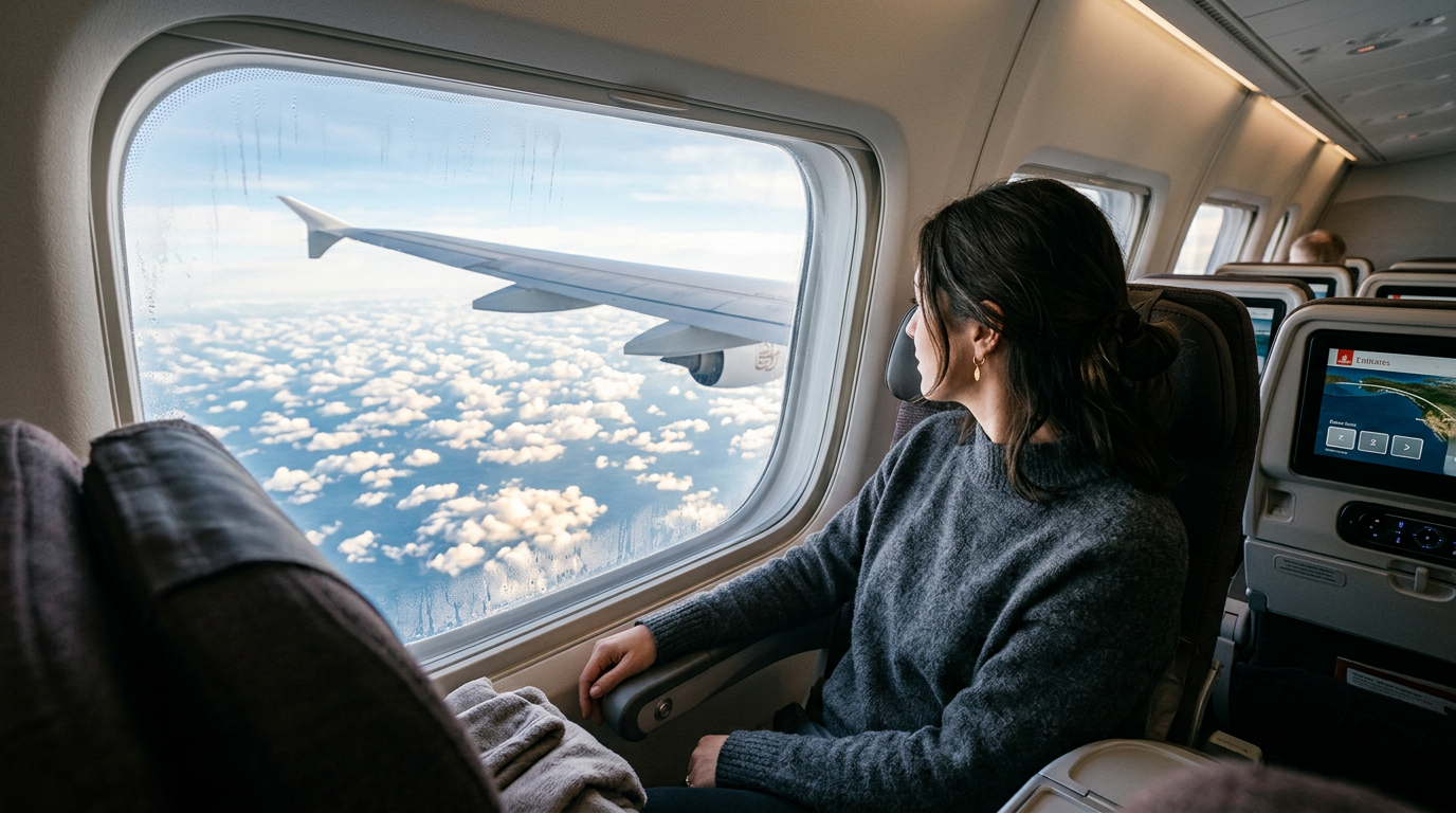 Utsikt från ett flygplansfönster över vingen och molnen.