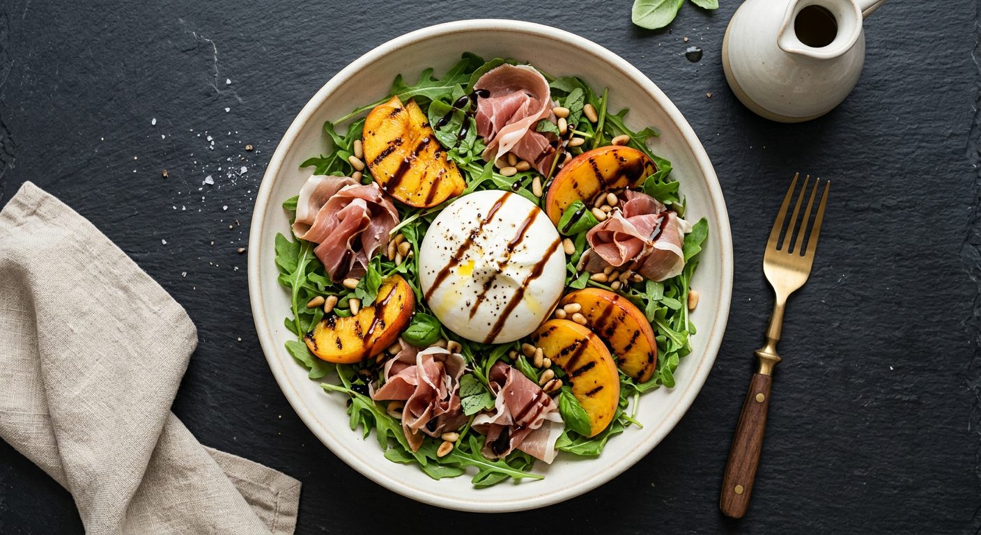 Burratasallad med grillade persikor, prosciutto och ruccola.
