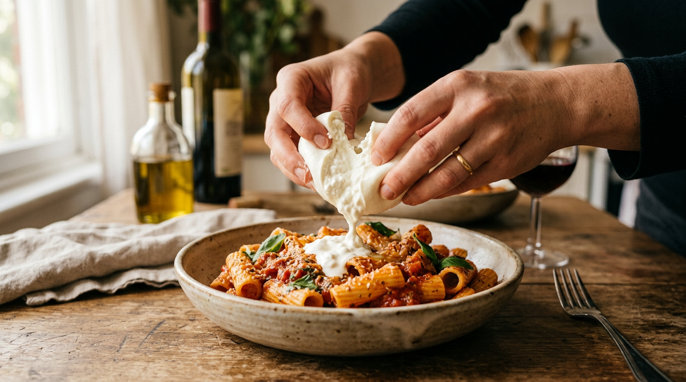Krämig burrata läggs på en tallrik med färsk pasta.