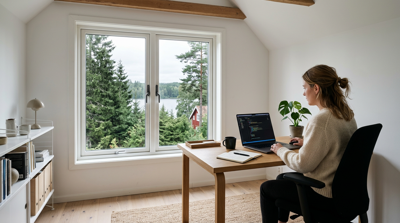 Modernt hemmakontor med skogsvy, kodande på laptop.