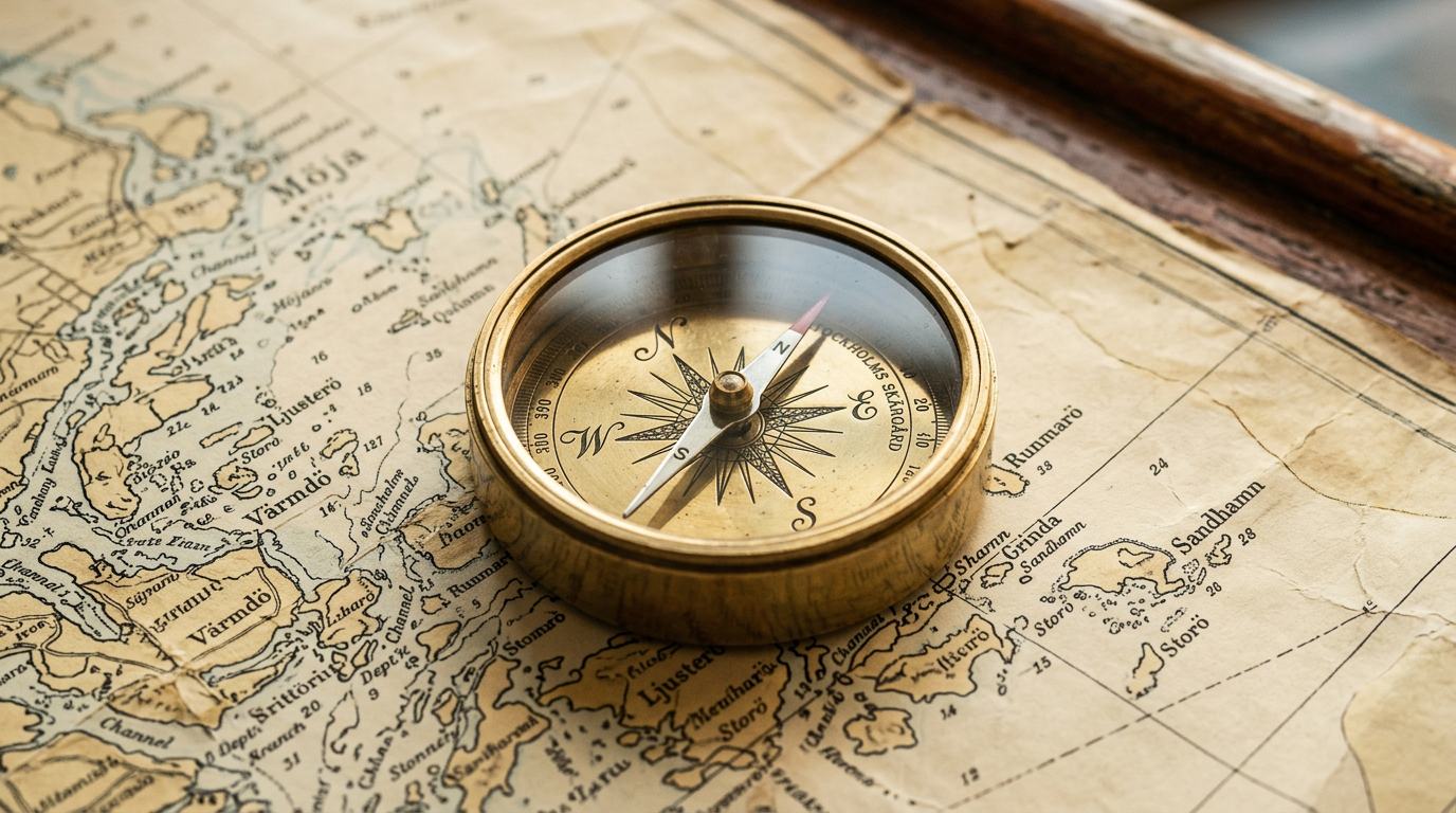 Kompass på gammal karta över Stockholms skärgård.