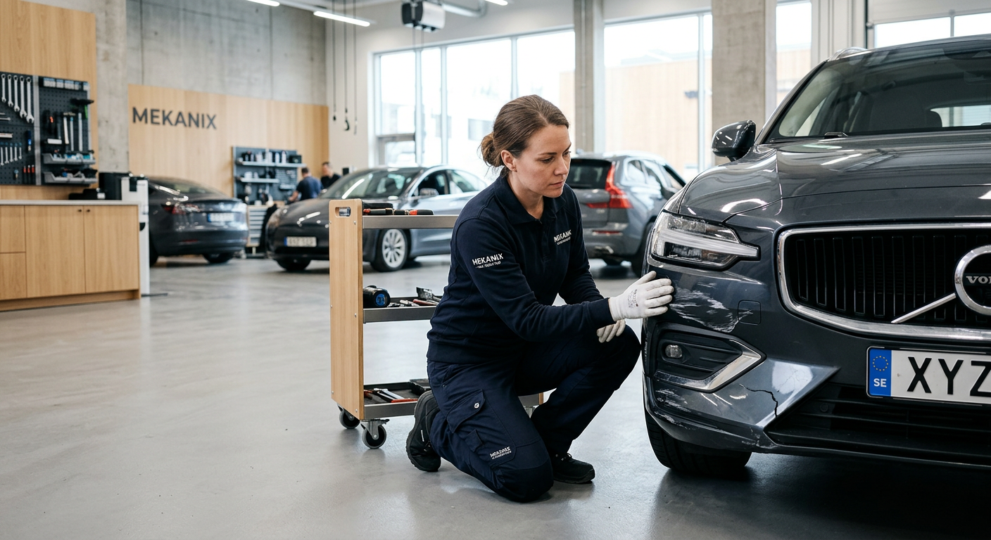 Mekaniker inspekterar skadad bilstötfångare i modern verkstad.