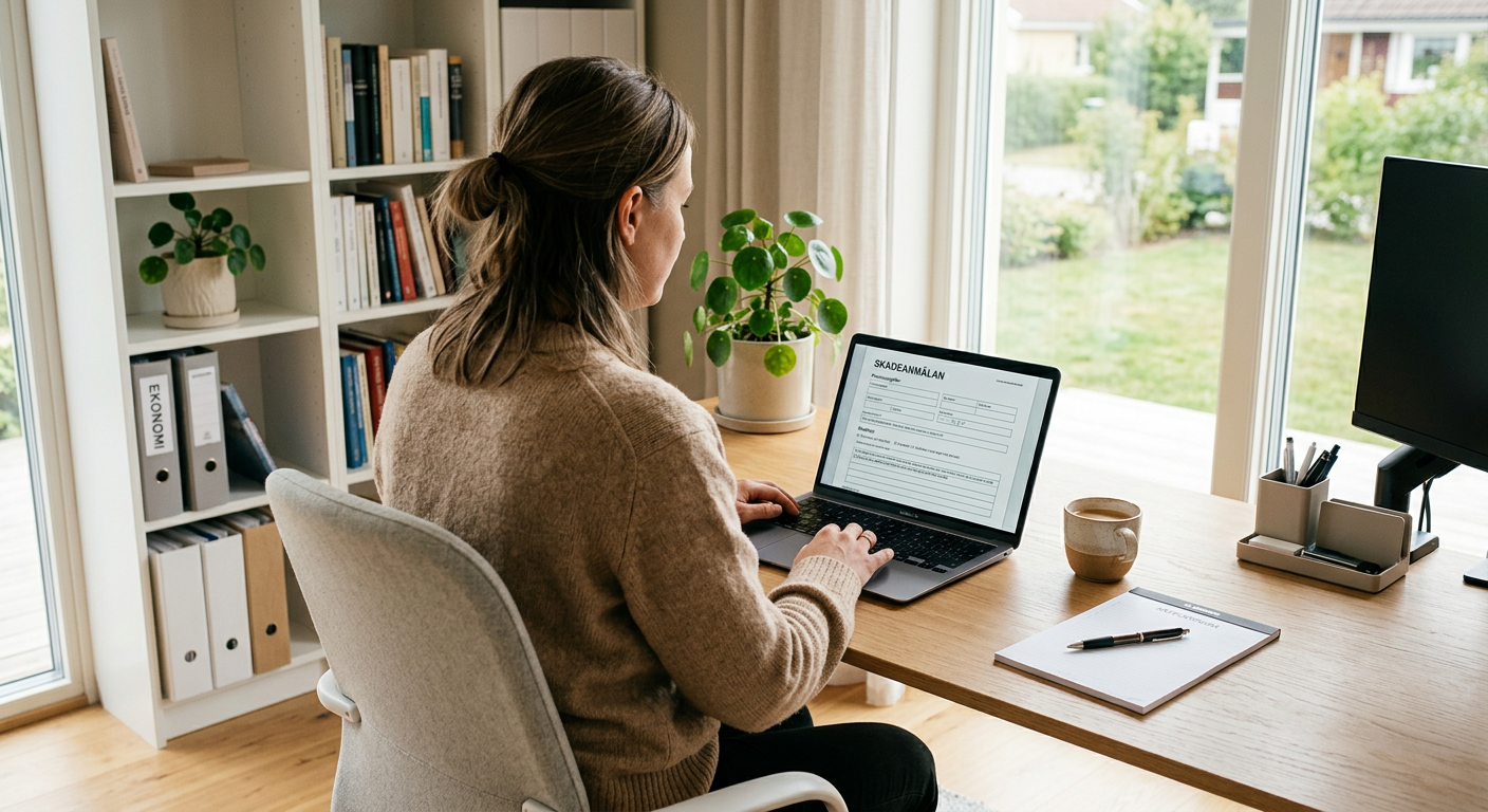 Person fyller i skadeanmälan på laptop i hemmakontor.