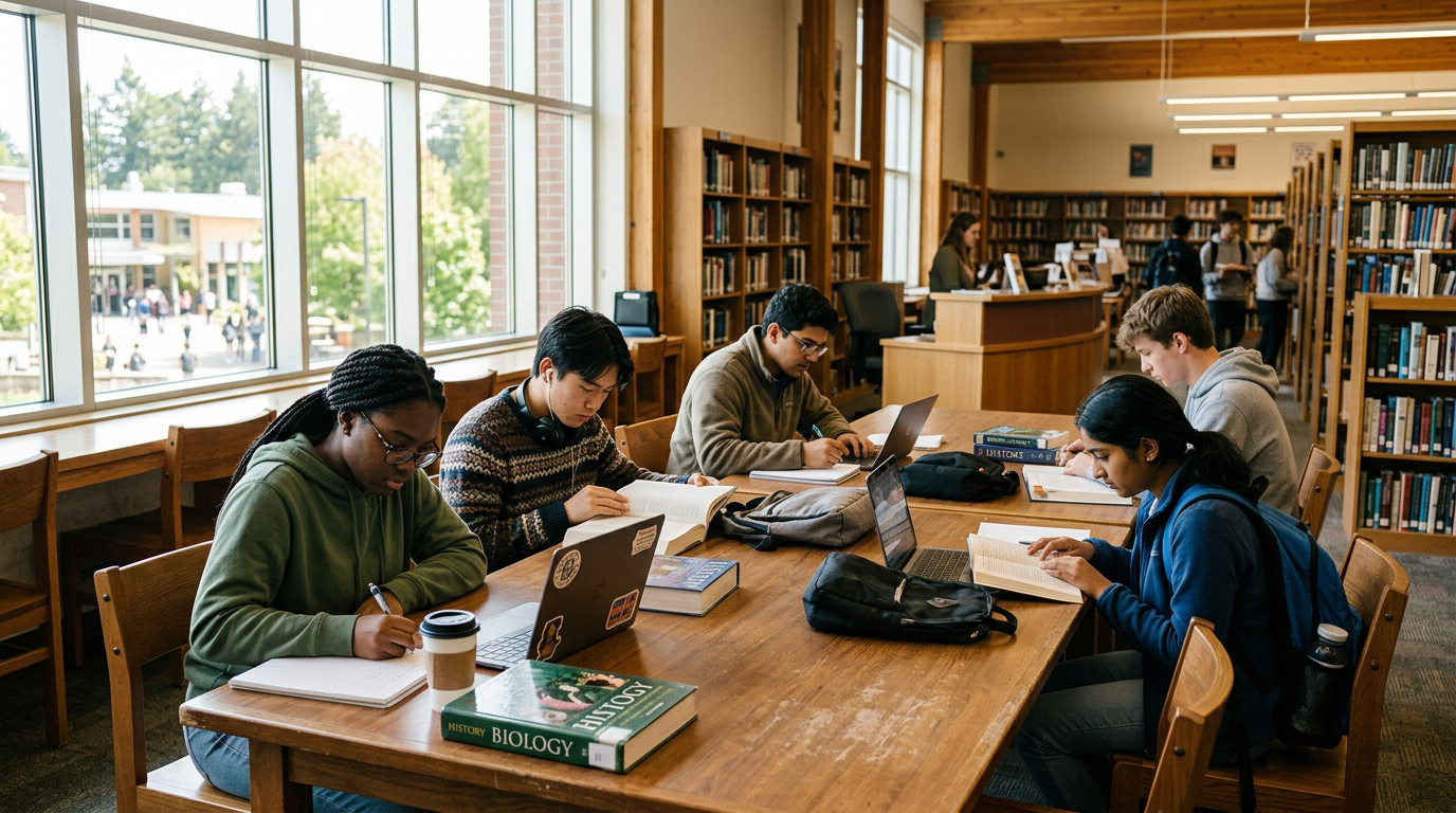 Elever studerar i ljust skolbibliotek med solljus.
