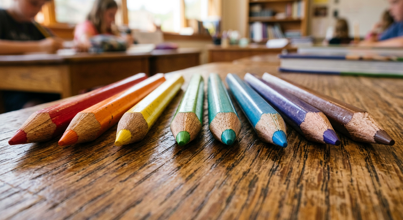 Färgade pennor på träbord, makro, suddig klassrumsbakgrund.