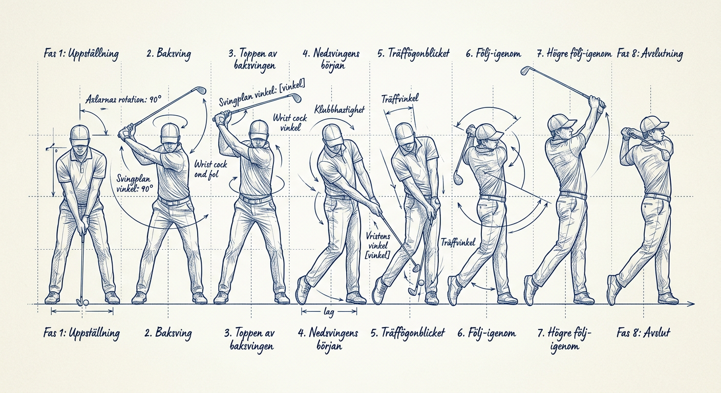 Golfsving illustration: faser och vinklar, blueprintstil.