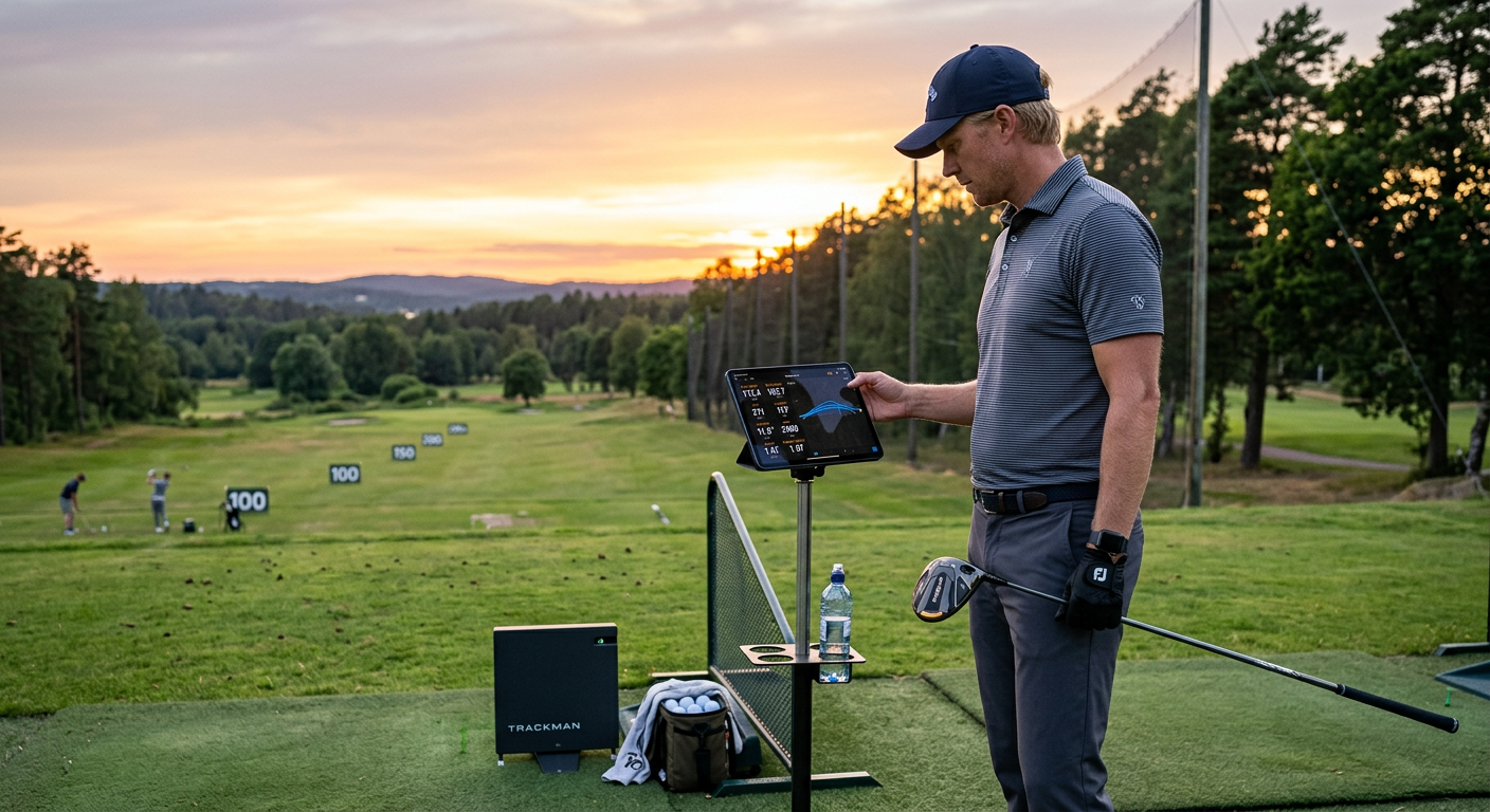 Golfare med launch monitor-data i solnedgång