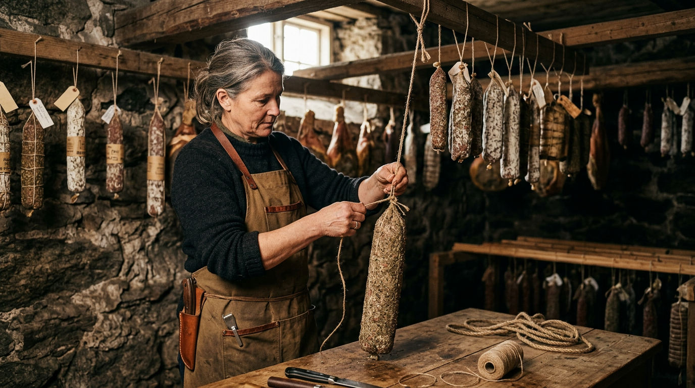 Charkuterist binder salami för lufttorkning i rustik källare.