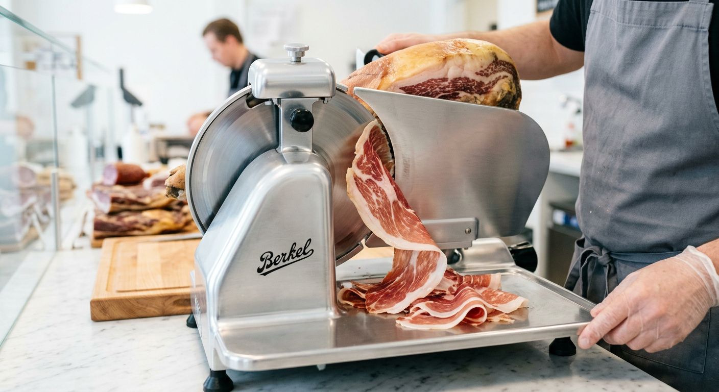 Skärmaskin skär lufttorkad skinka i tunna skivor.