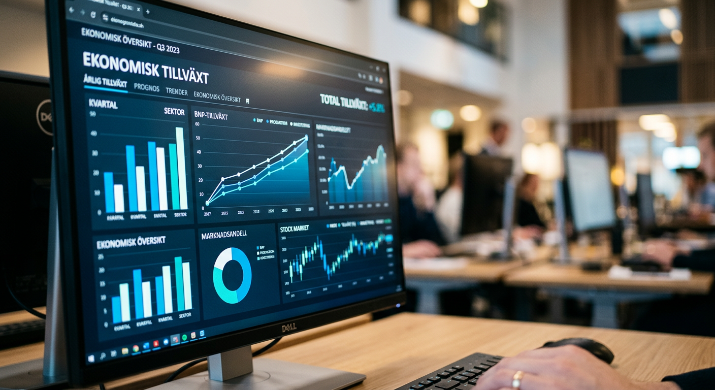Person granskar diagram på surfplatta i ljust rum.