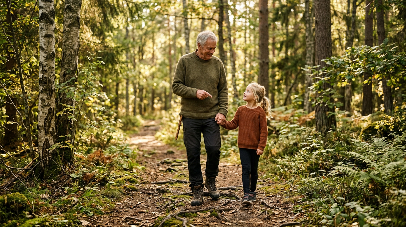 Orange kuvert, miniräknare, penna, anteckningsbok, blad.