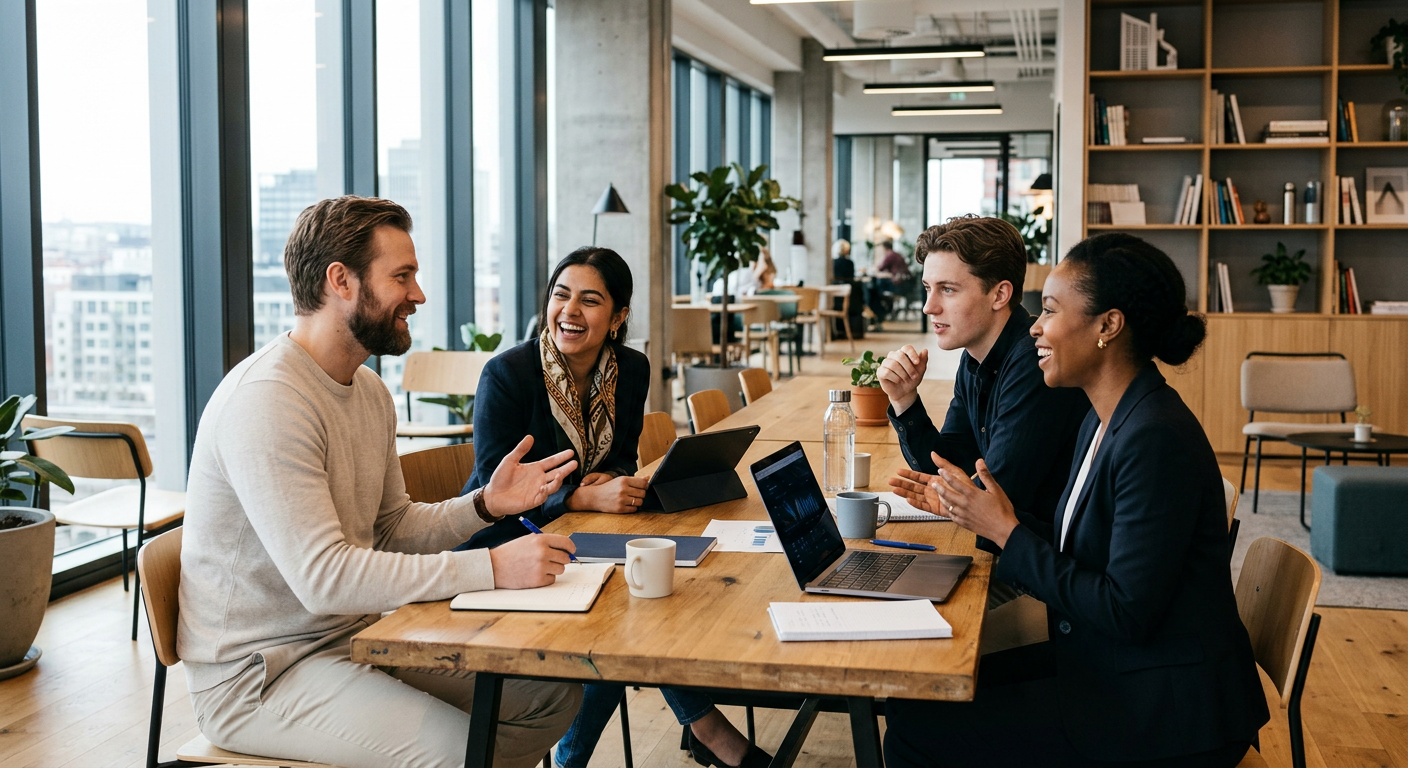 Kollegor som nätverkar och samarbetar på en modern arbetsplats.