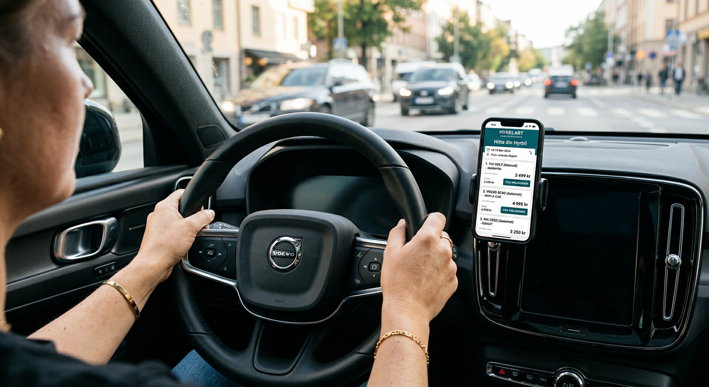 Händer på ratt med hyrbilsprisjämförelse på mobil.