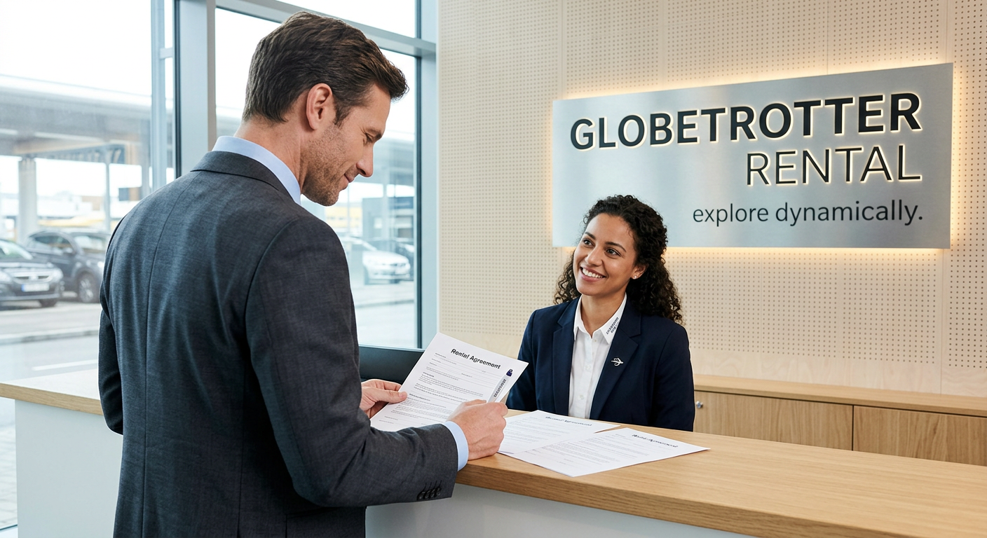 Affärsperson granskar hyrbilskontrakt vid modern disk.