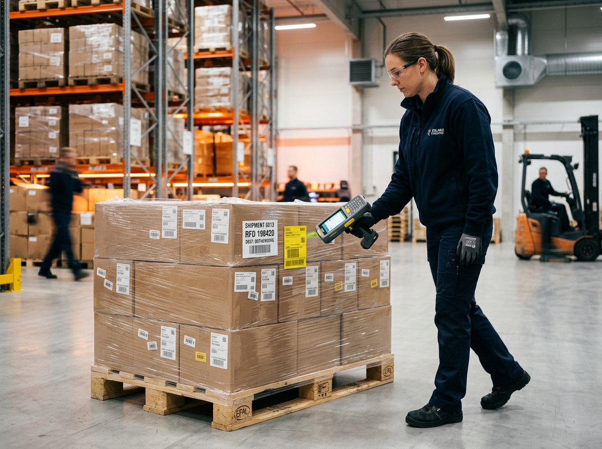 Lastpallar med RFID-scanning i lager