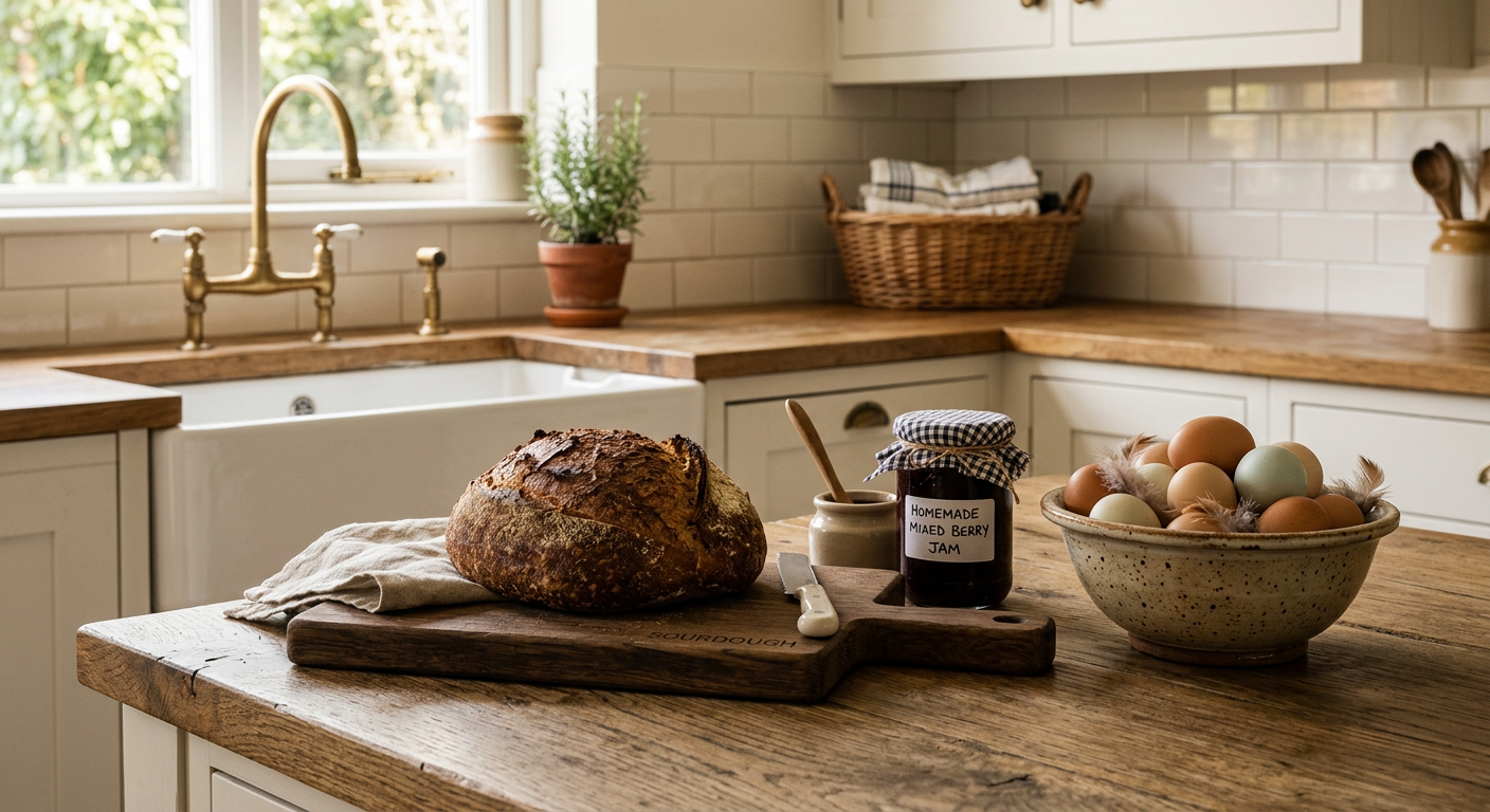 Rustik bänk med surdegsbröd, sylt och ägg.