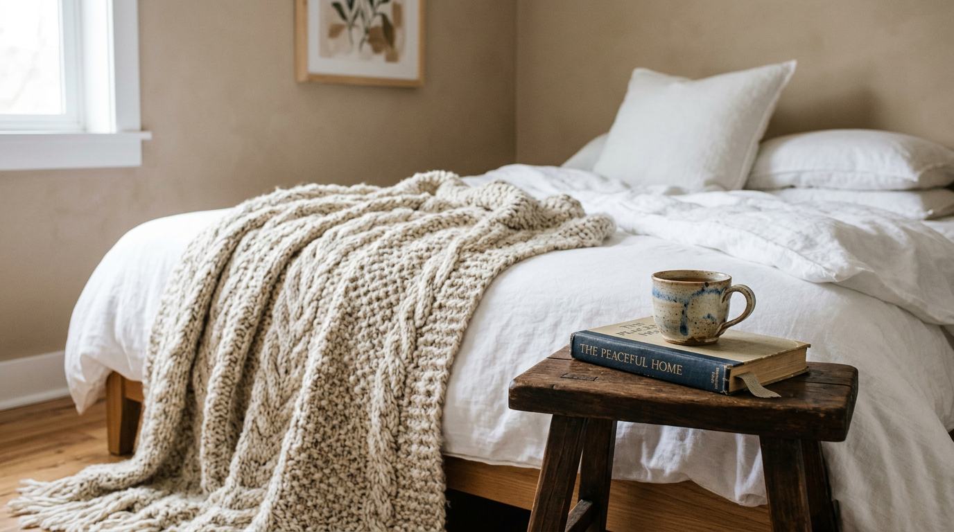 Handstickad filt på säng med linne, bredvid träpall.