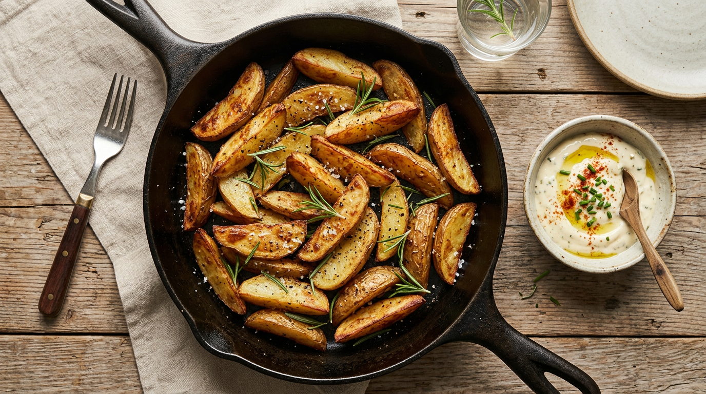 A rustic wooden table seen from above, featuring a large cast-iron skillet filled with perfectly golden-brown potato wedges, sprinkled with sea salt and fresh rosemary. A small bowl of aioli sits besi