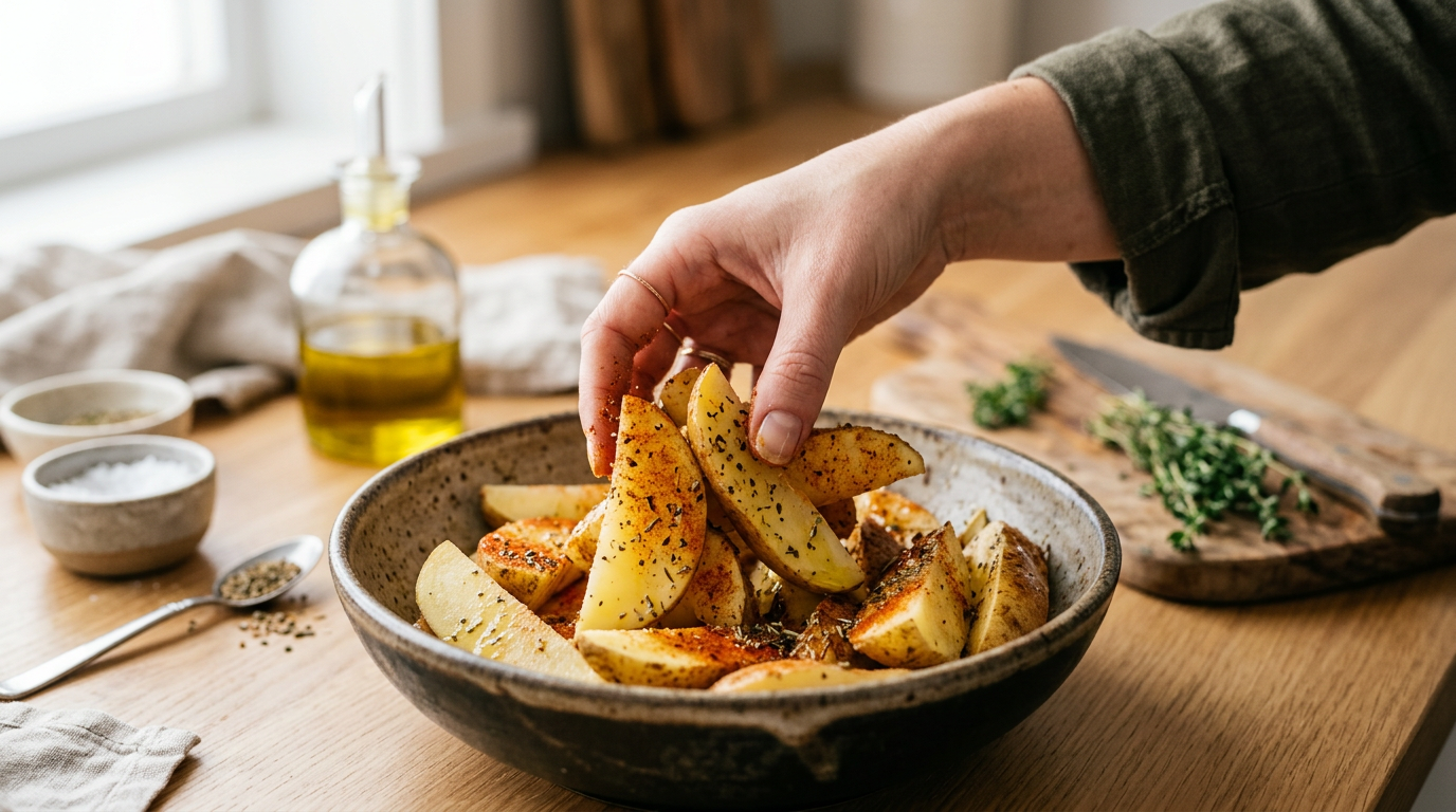 Close-up shot of a hand tossing freshly cut potato wedges in a bowl with olive oil, paprika, and herbs. The focus is sharp on the seasoning clinging to the raw potatoes. Bright, natural kitchen lighti