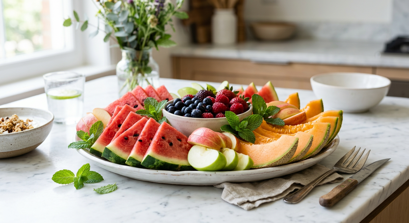 A beautifully arranged fruit platter with vibrant wedges of watermelon, cantaloupe, and apple. A sprig of mint garnishes the platter, which rests on a white marble countertop. The image has a fresh an