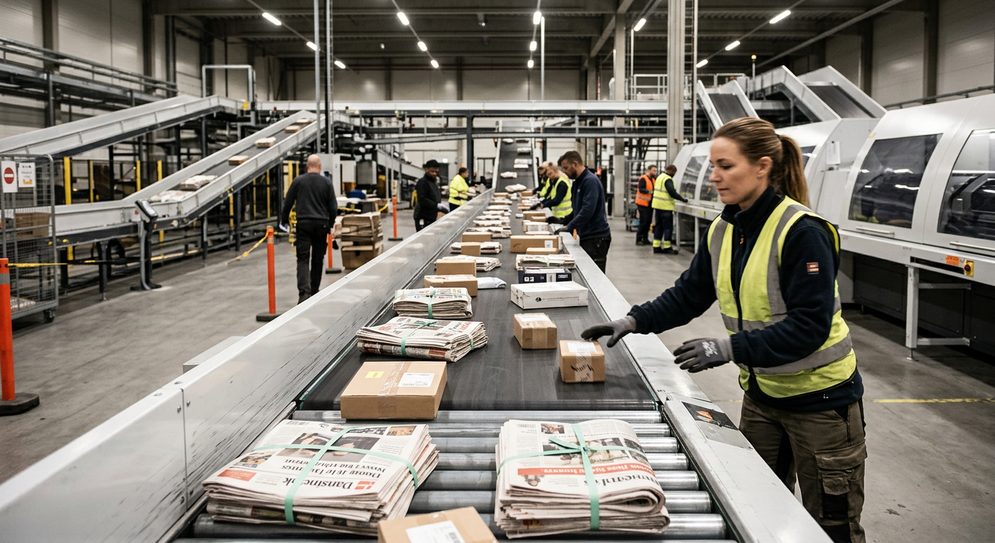 Sorteringsterminal: Paket och tidningar sorteras i rörelse.