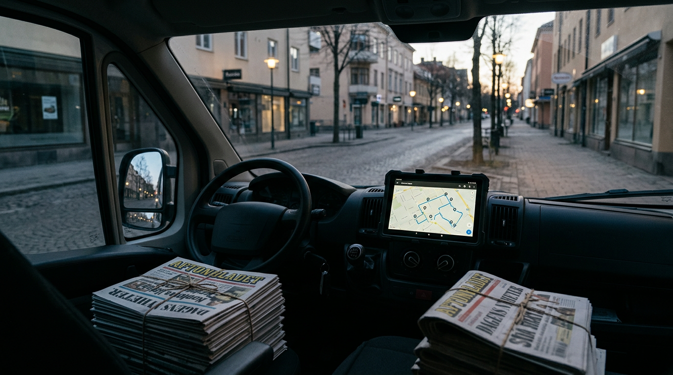 Gryning på tom stadsgata från distributionsbilens förarsäte.