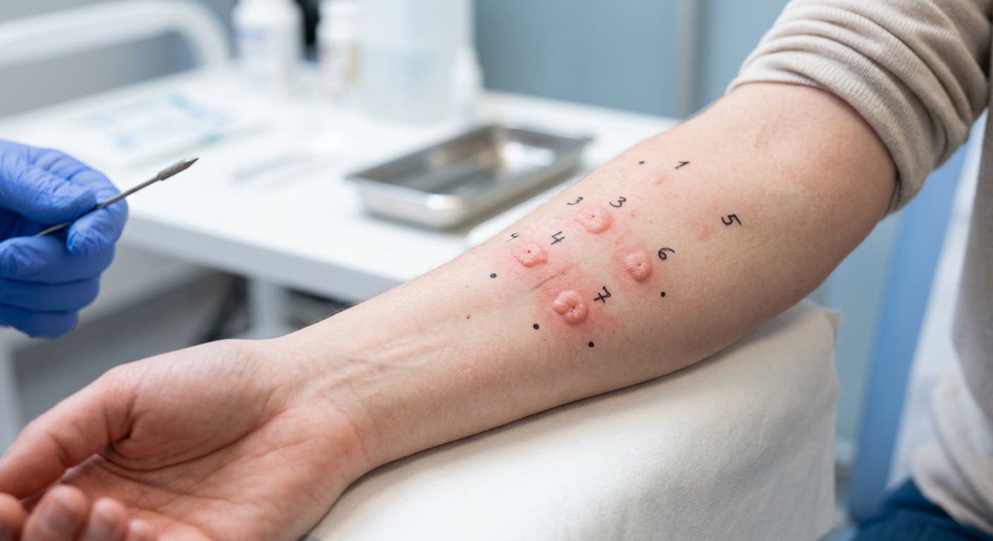 Närbild av ett pricktest för att diagnostisera allergi på en arm.
