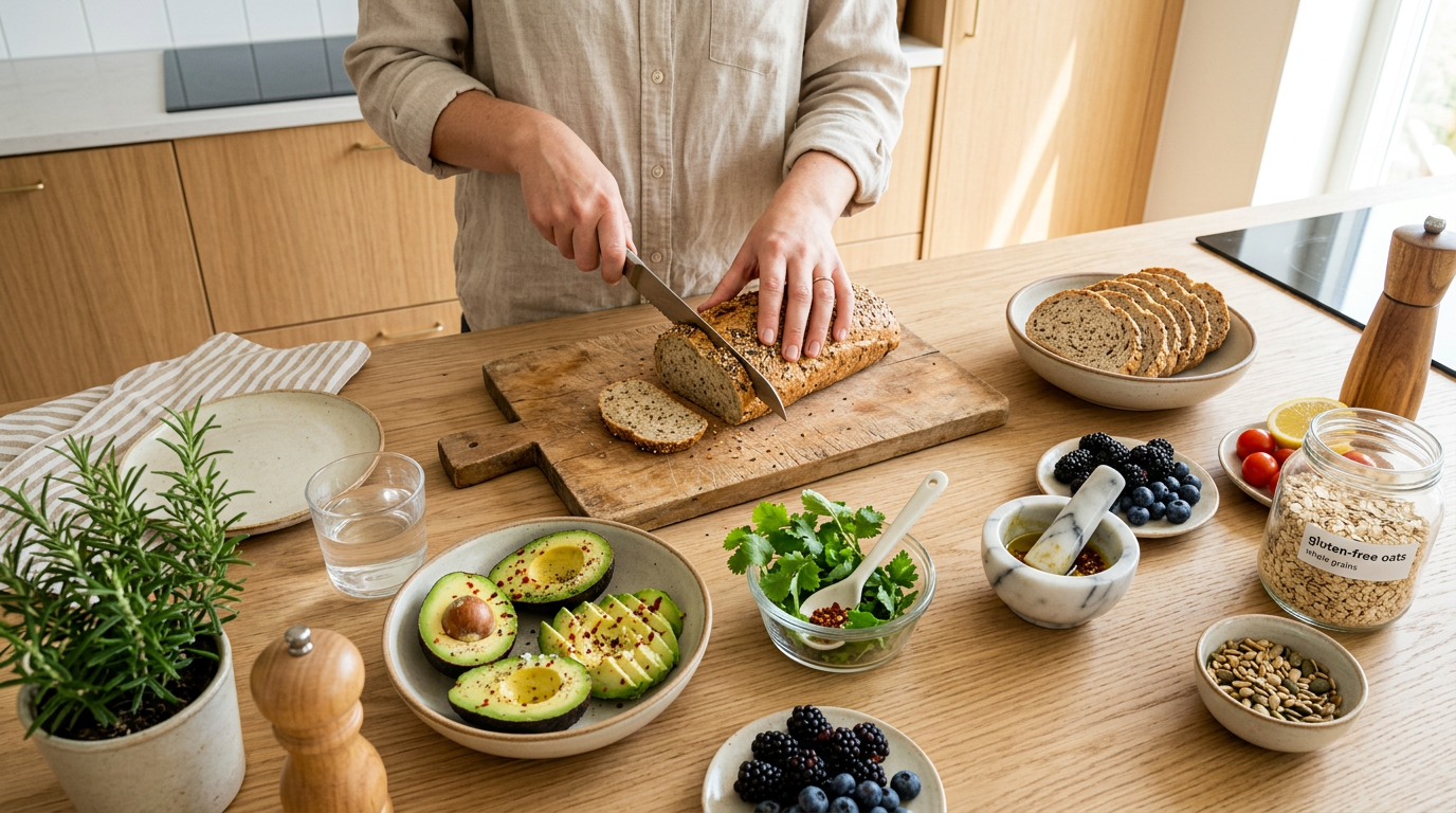 Person som förbereder en glutenfri måltid i ett ljust kök.