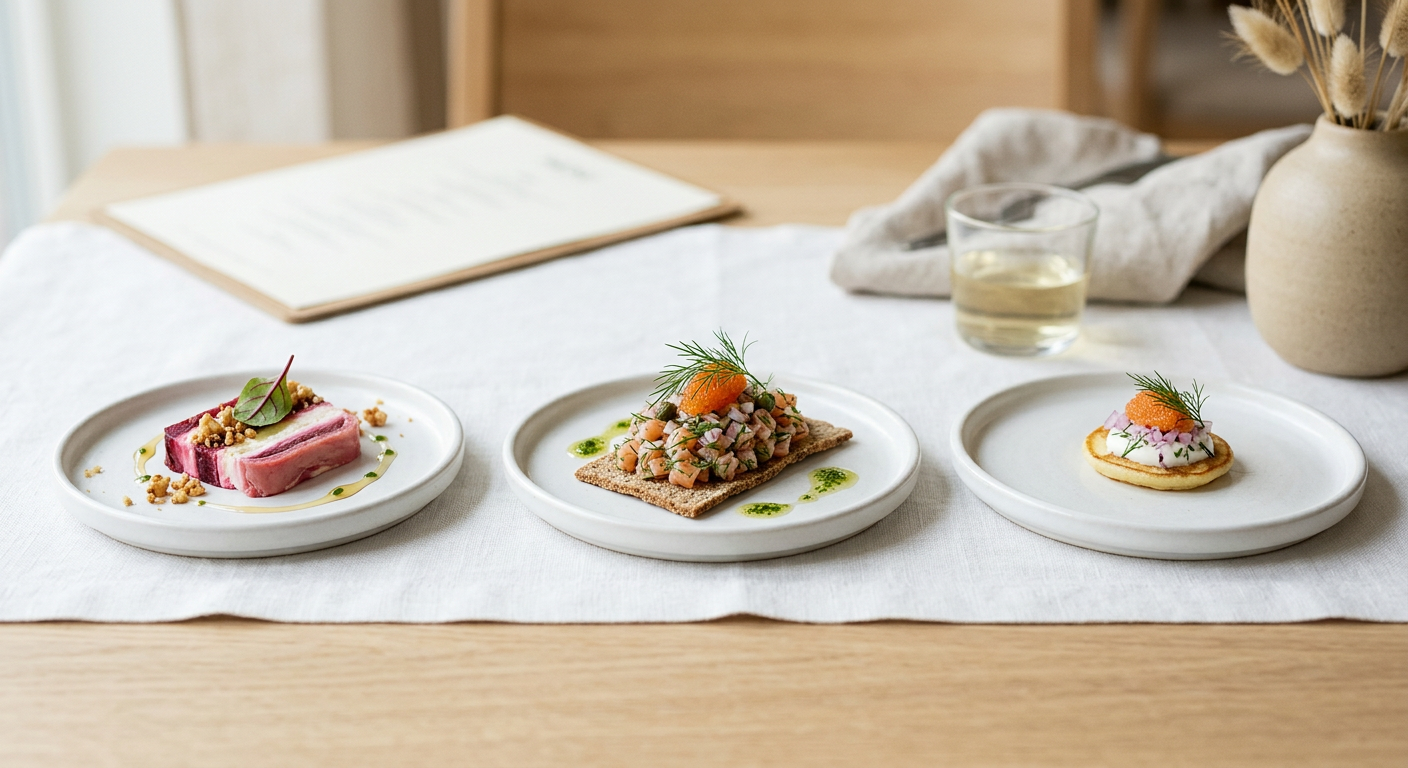 En person förbereder omsorgsfullt små laxtartarer på mörkt bröd.