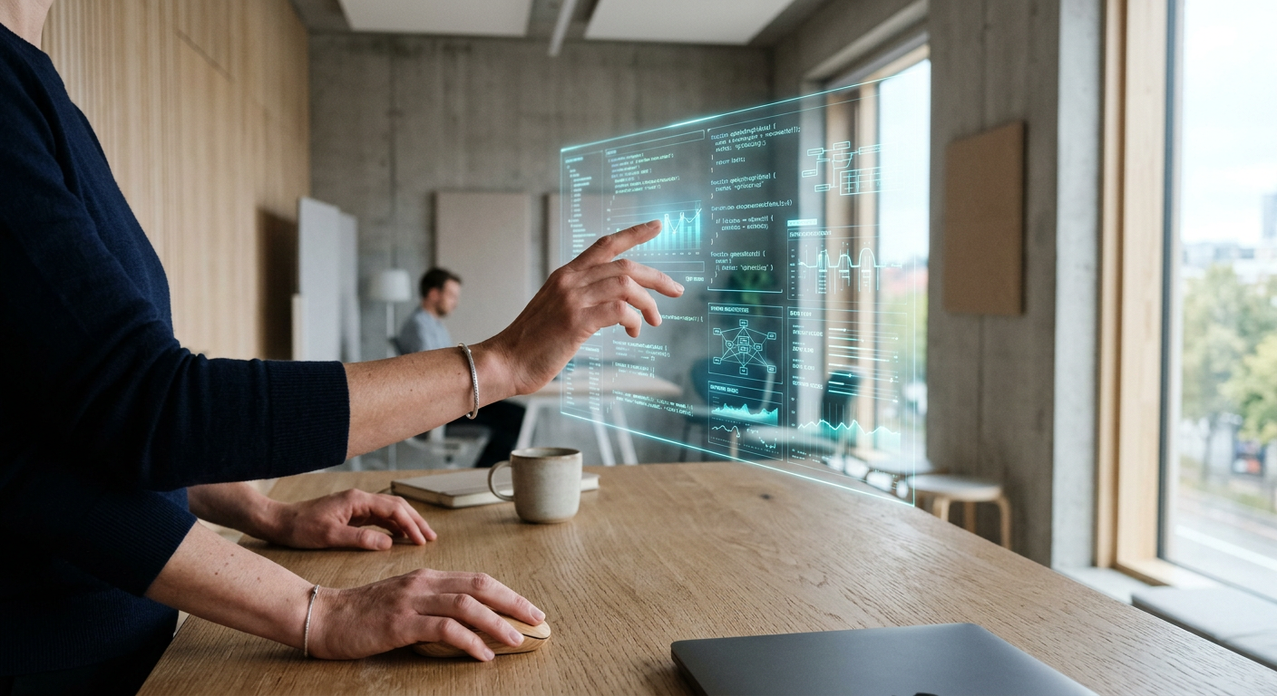 Händer som interagerar med ett digitalt gränssnitt för kod.
