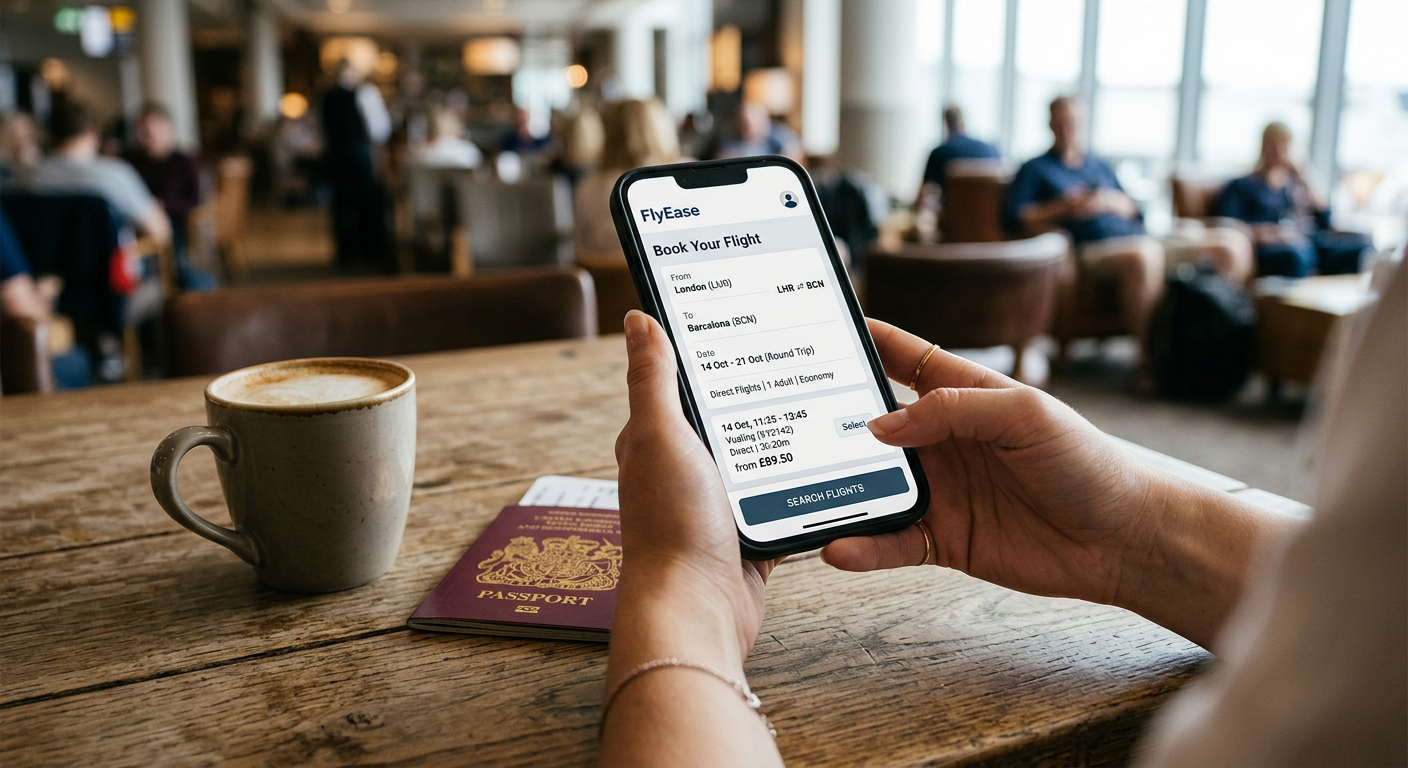 Närbild på en mobiltelefon som visar en app för flygbokning.