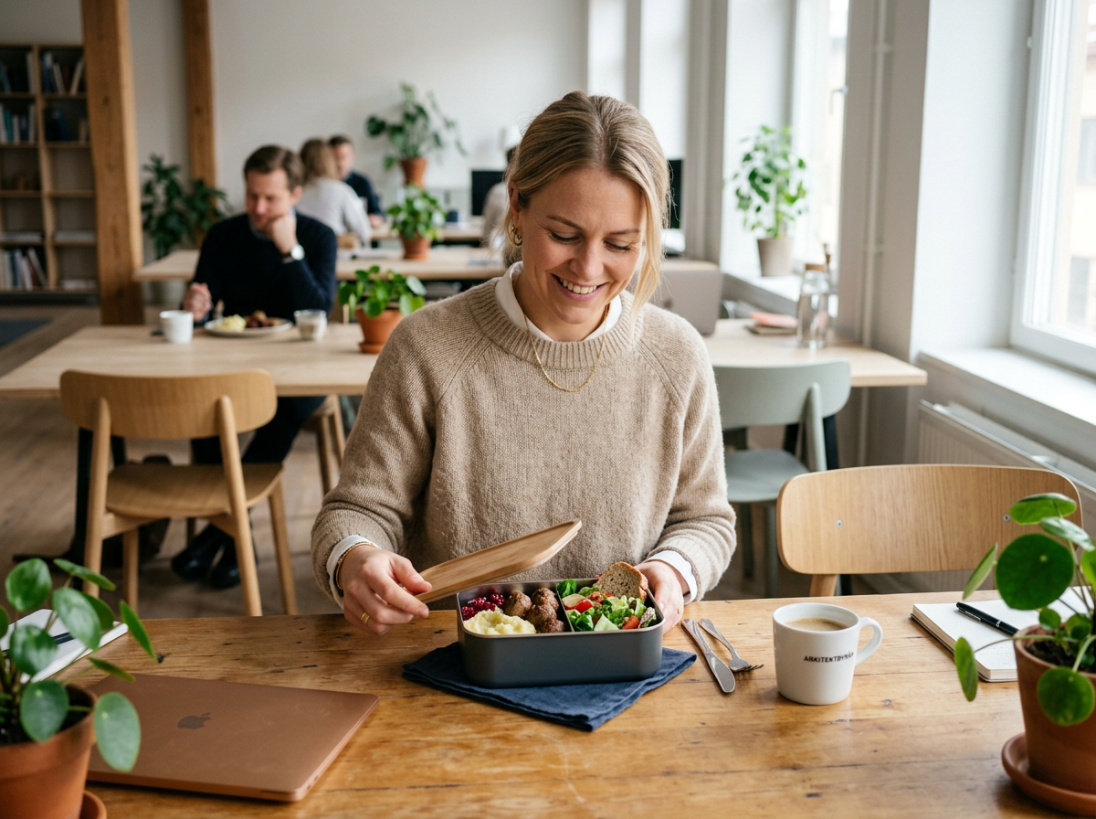 Realistisk bild: Svensk kontorsarbetare äter hemlagad lunch.