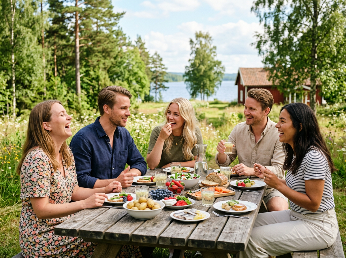 Vänner äter lunch utomhus med skratt, solljus, svensk sommar.
