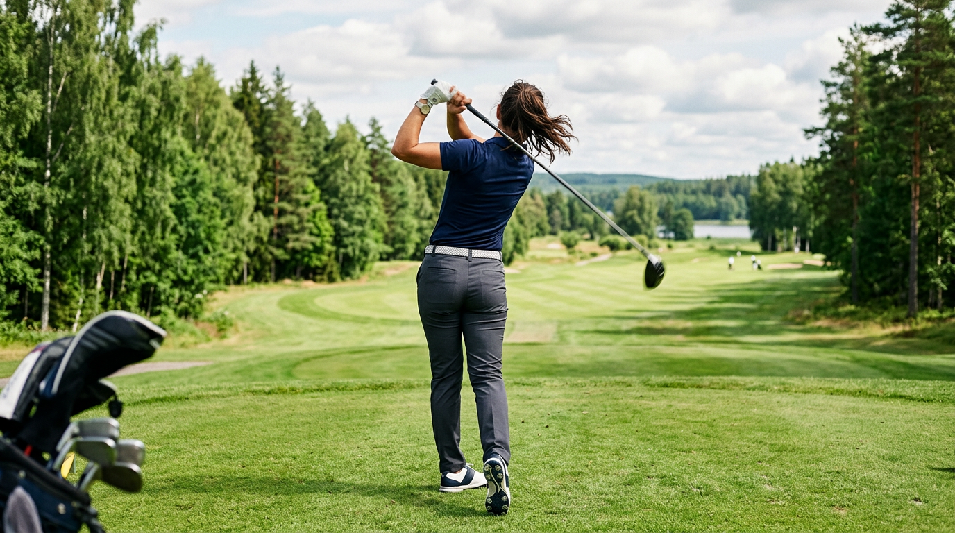 Golfspelare i full sving på en svensk golfbana.