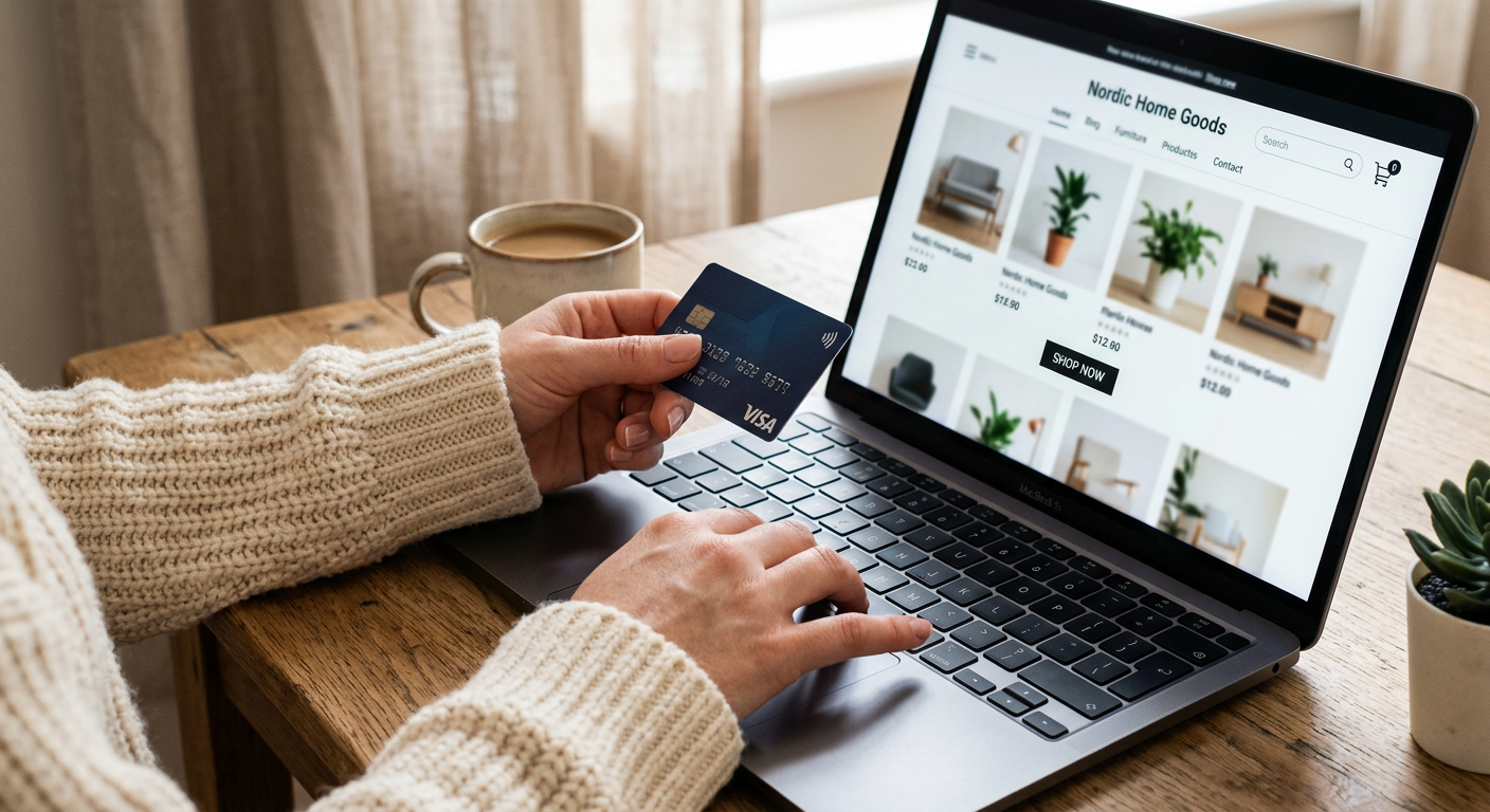 Händer håller kreditkort och skriver på laptop.